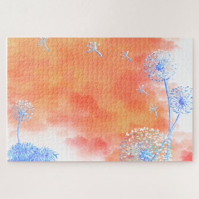Dandelion clocks against coral orange clouds jigsaw puzzle (Horizontal)