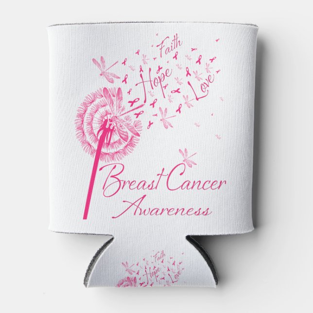 Dandelion Faith Hope Love Breast Cancer Awareness Can Cooler (Front)