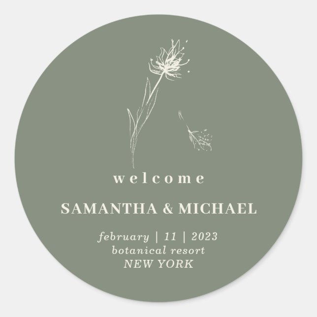 Dandelion Floral Boho Sage Welcome Party Classic Round Sticker (Front)