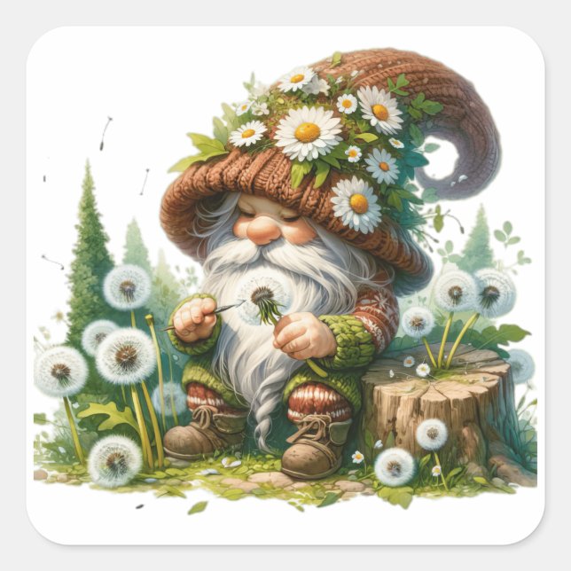 Dandelion Floral Gnome Square Sticker (Front)