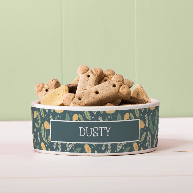 Dandelion Floral Weed Pattern (Dandelion Pattern Dog Bowl with Dog Name Spot)