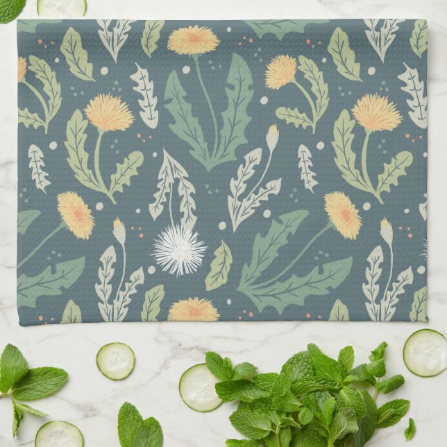Dandelion Floral Weed Pattern Tea Towel (Folded)