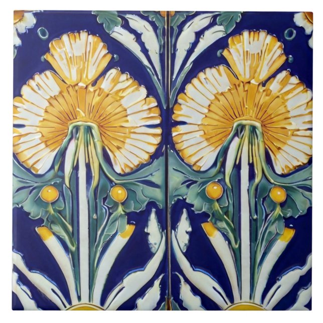 Dandelion Flower Art Nouveau Deco Yellow Floral Tile (Front)