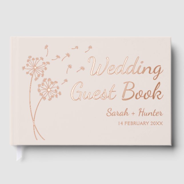 Dandelion Flower Rose Gold Foil Wedding Guest Book (Front)