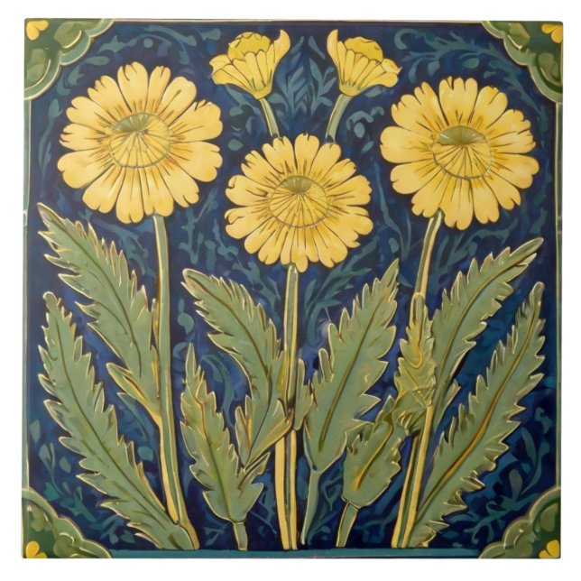 Dandelion Flowers Art Deco Nouveau Yellow Floral Tile (Front)
