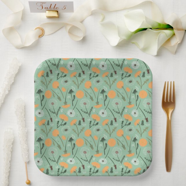 Dandelion Flowers Orange Floral Pattern Paper Plate (Wedding)