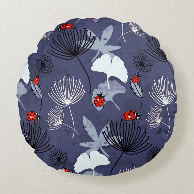 Dandelion Ginkgo: Abstract Hand Drawing Round Cushion (Front)