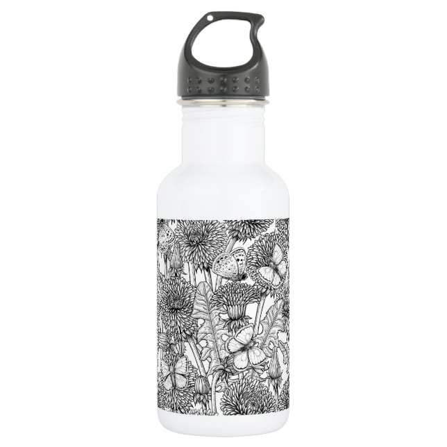 Dandelion meadow in black and white 532 ml water bottle (Front)