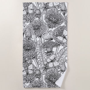 Dandelion meadow in black and white beach towel
