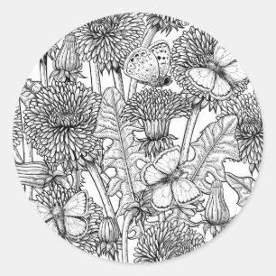 Dandelion meadow in black and white classic round sticker