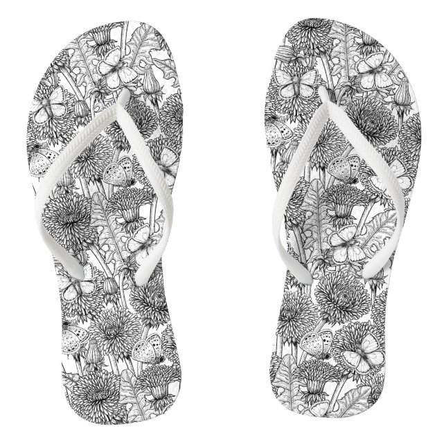 Dandelion meadow in black and white flip flops (Footbed)