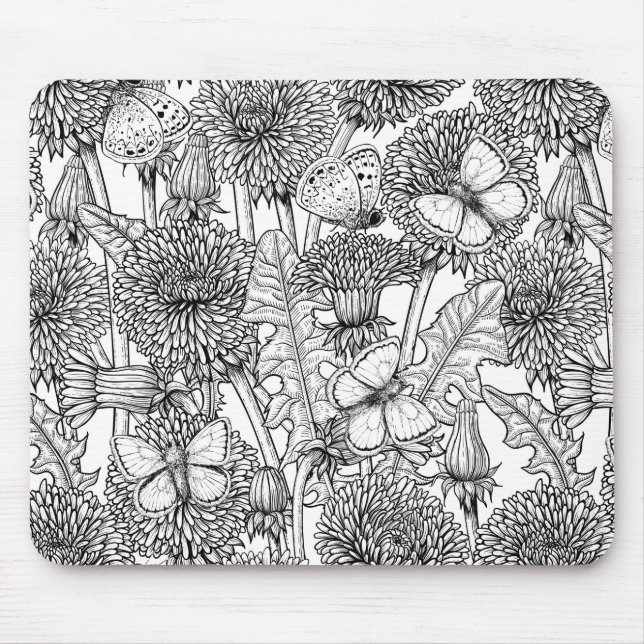 Dandelion meadow in black and white mouse mat (Front)