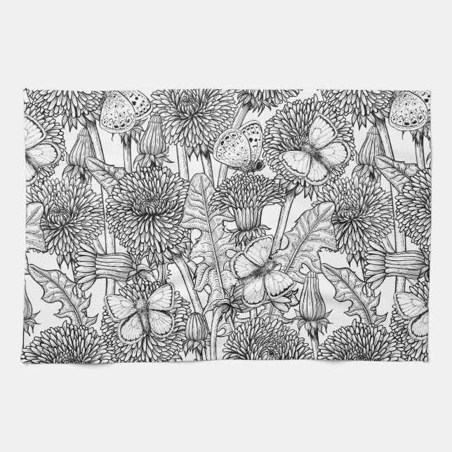 Dandelion meadow in black and white tea towel (Horizontal)