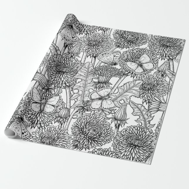 Dandelion meadow in black and white wrapping paper (Unrolled)