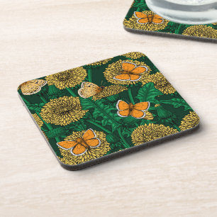 Dandelion meadow on dark green coaster