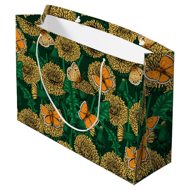 Dandelion meadow on dark green large gift bag (Back Angled)