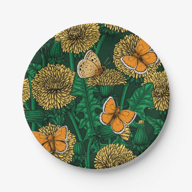Dandelion meadow on dark green paper plate (Front)