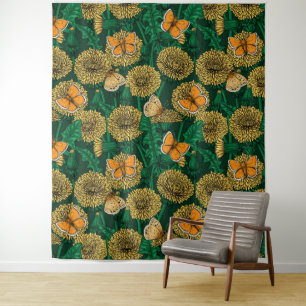 Dandelion meadow on dark green tapestry
