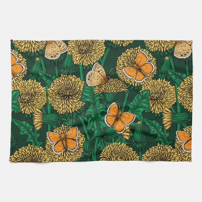 Dandelion meadow on dark green tea towel (Horizontal)