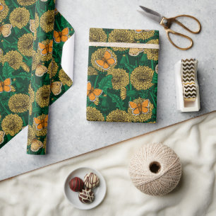 Dandelion meadow on dark green wrapping paper