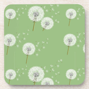 Dandelion Pattern on Green Background Coaster