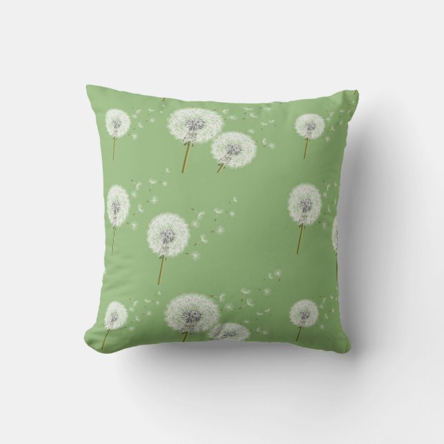 Dandelion Pattern on Green Background Cushion (Front)