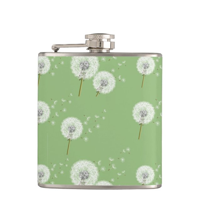 Dandelion Pattern on Green Background Hip Flask (Front)