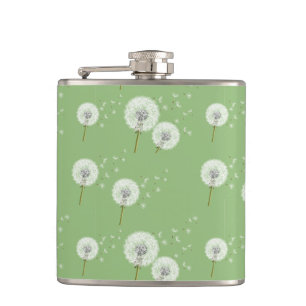 Dandelion Pattern on Green Background Hip Flask