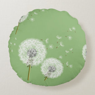 Dandelion Pattern on Green Background Round Cushion