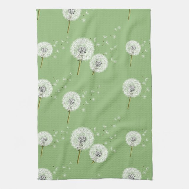 Dandelion Pattern on Green Background Tea Towel (Vertical)