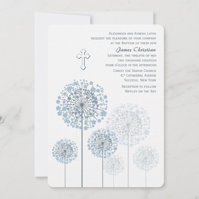 Dandelion Seedlings Blue Religious Invitation (Front)