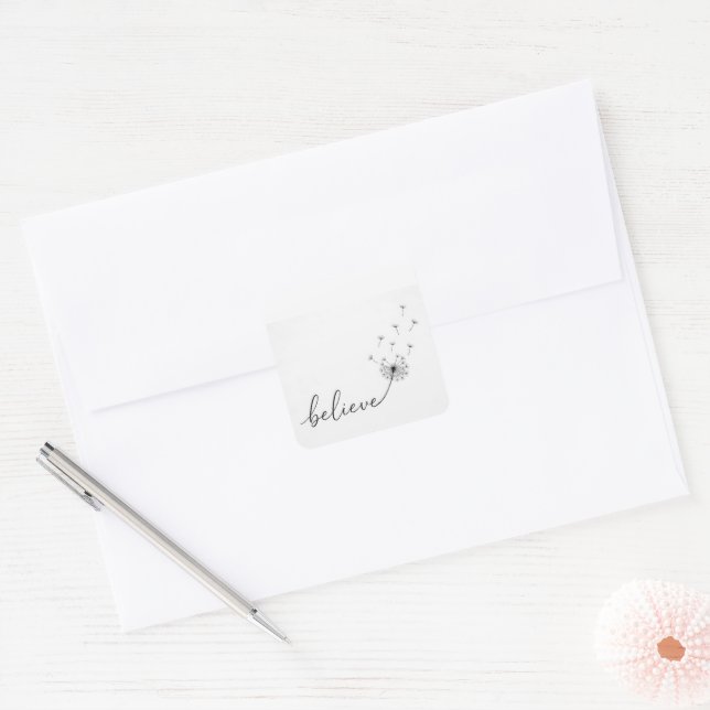 Dandelion Seedlings with Believe Text Square Sticker (Envelope)