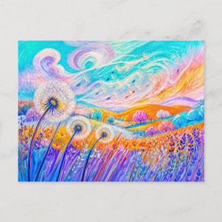 Dandelion seeds drifting in gentle wind postcard