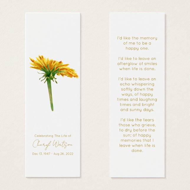 Dandelion | Simple Funeral Memorial Mini Bookmark (Front & Back)