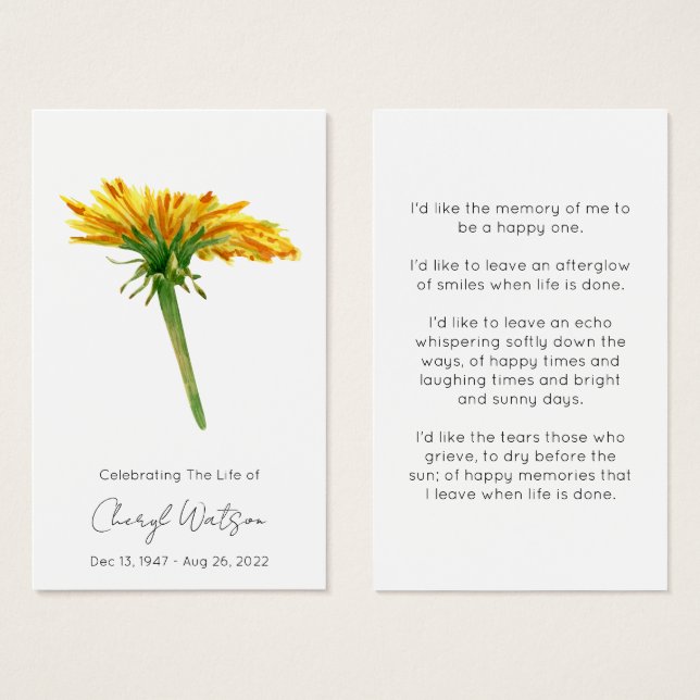 Dandelion | Simple Funeral Memorial Prayer Card (Front & Back)