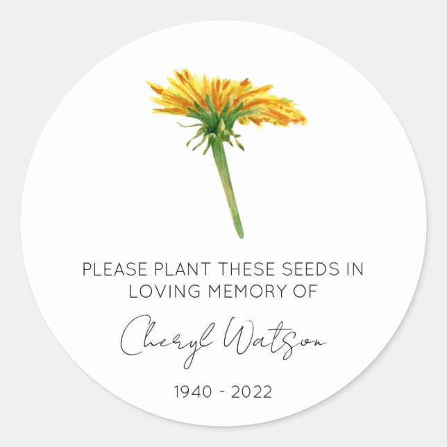 Dandelion | Simple Memorial Seed Packet Classic Round Sticker (Front)