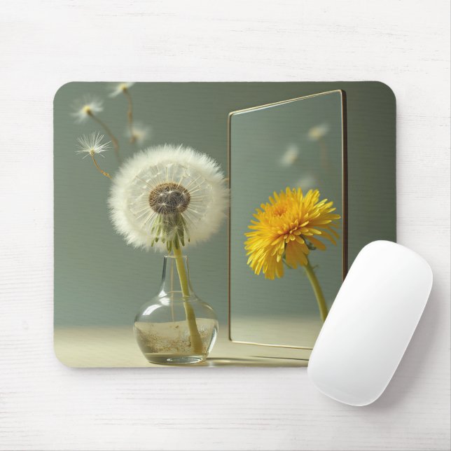 Dandelion Transformation Reflected In a Mirror Mouse Mat (With Mouse)