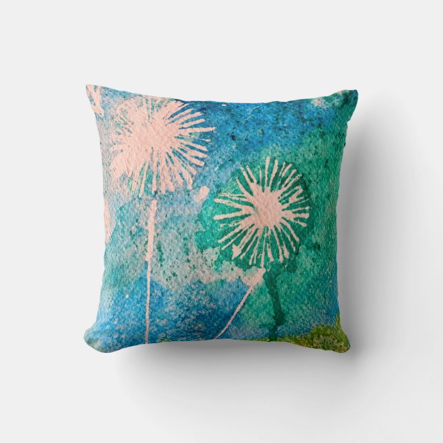 Dandelion watercolor abstract blue and green cushion (Front)