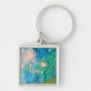 Dandelion watercolor abstract blue and green key ring