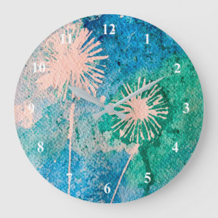 Dandelion watercolor abstract blue and green large clock