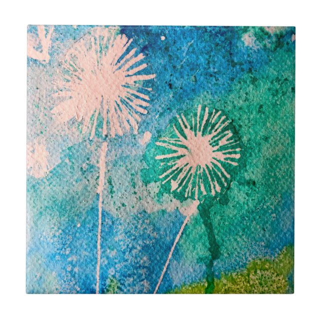 Dandelion watercolor abstract blue and green tile (Front)