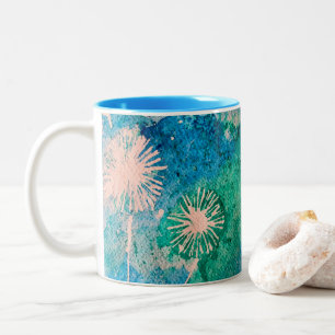 Dandelion watercolor abstract blue and green Two-Tone coffee mug