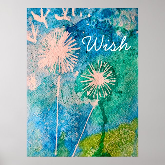 Dandelion watercolor wish abstract blue and green poster (Front)