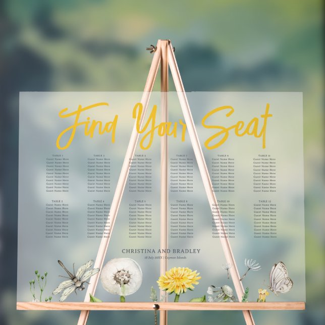 Dandelion Wildflower Wedding Seating Frosted Acrylic Sign (Neutral)