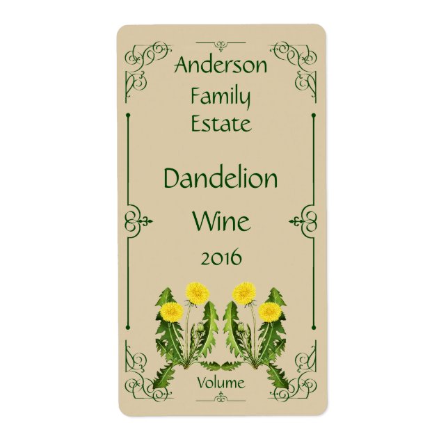 Dandelion Wine Bottle Label with Dark Green Frame (Front)
