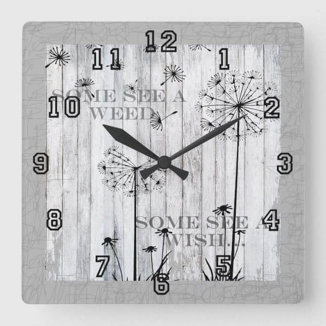 Dandelion Wishes Dreamy Grey Quote Square Wall Clock (Front)