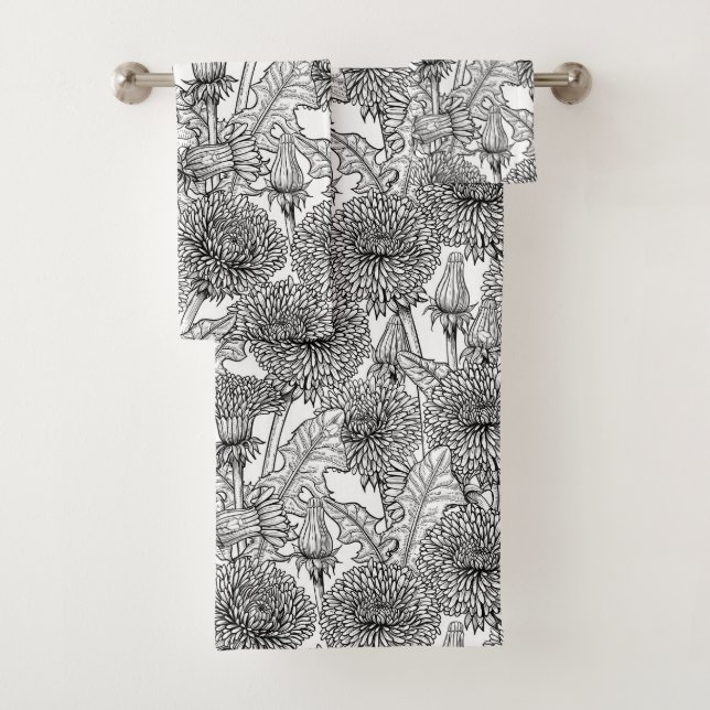 Dandelions, black and white bath towel set (Insitu)