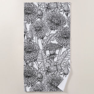 Dandelions, black and white beach towel