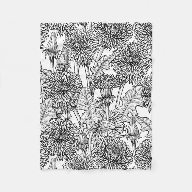 Dandelions, black and white fleece blanket (Front)