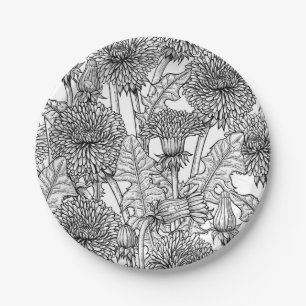 Dandelions, black and white paper plate